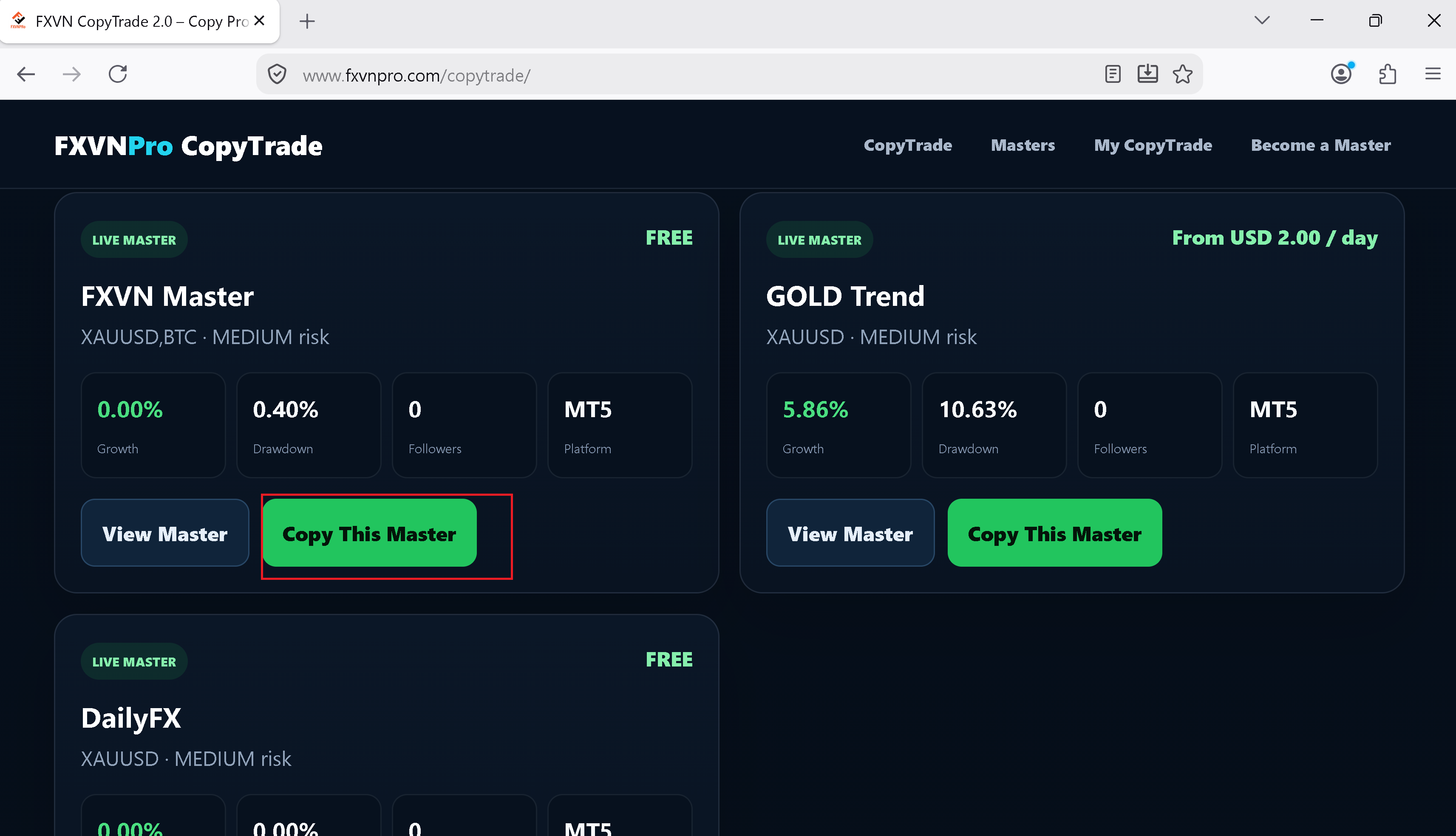Choose a Master from the FXVN CopyTrade Marketplace