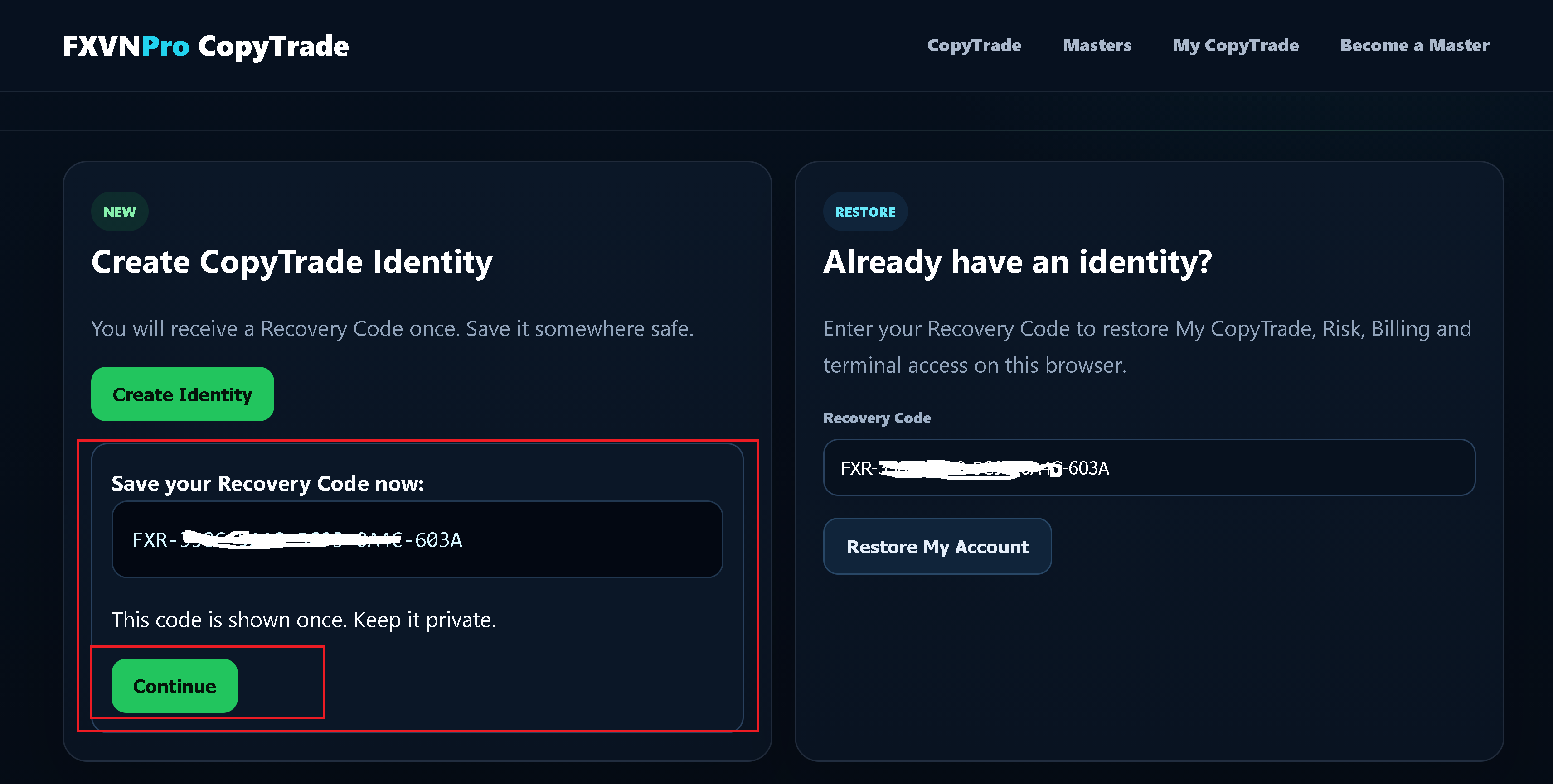 Save the one-time Recovery Code