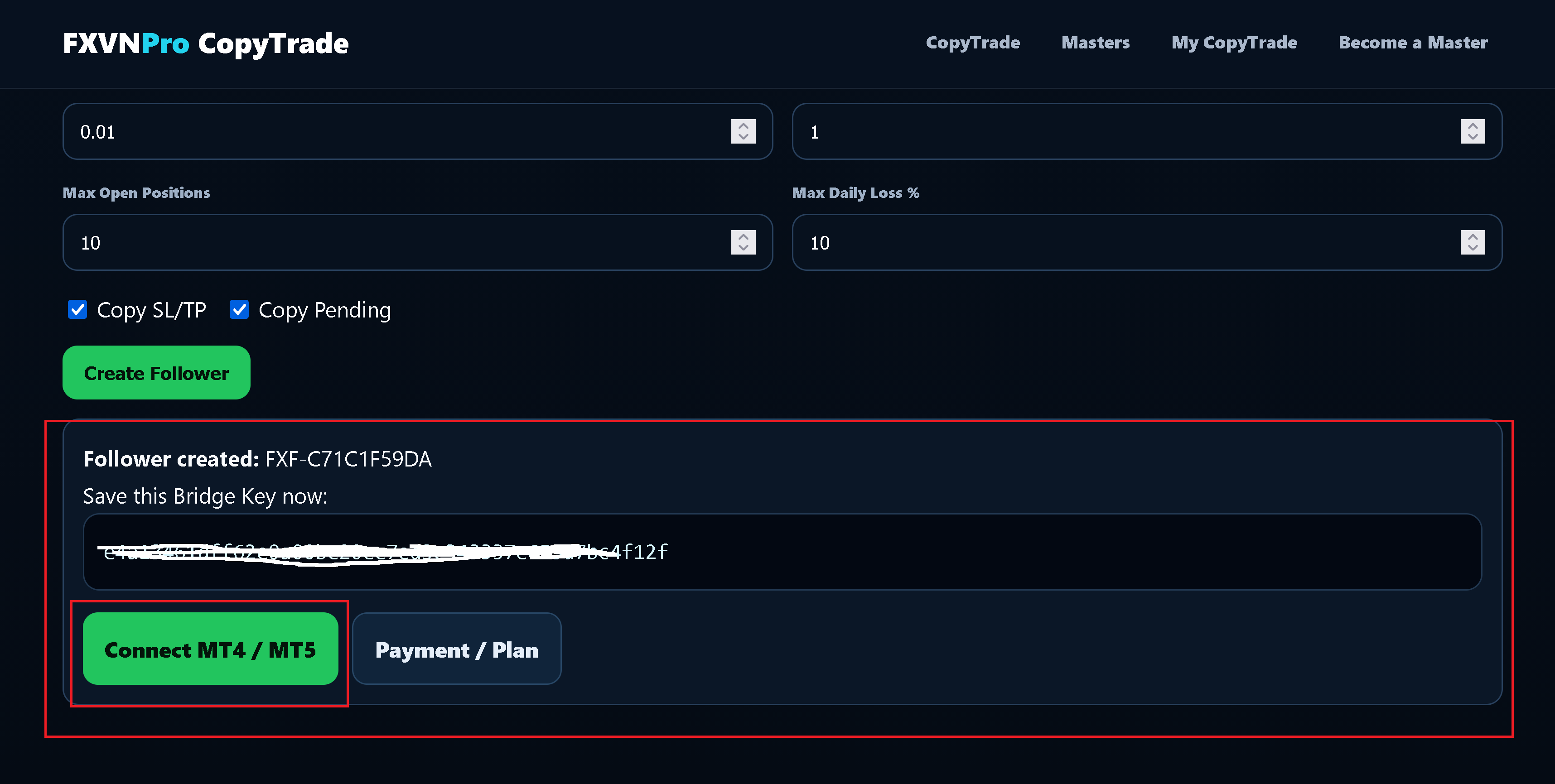 Follower created and Bridge Key available