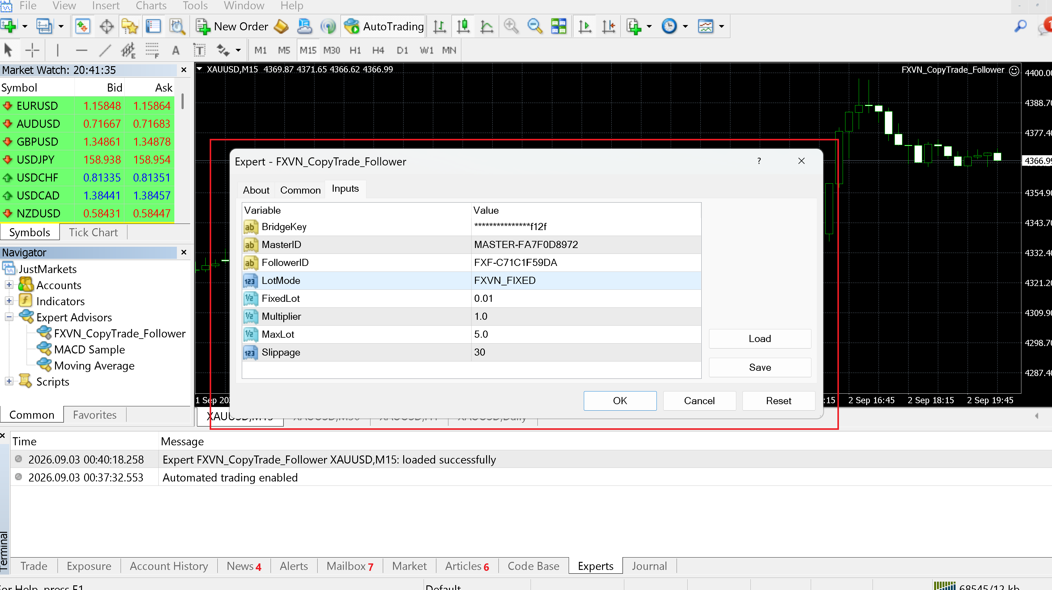Configure the Follower Bridge EA inputs