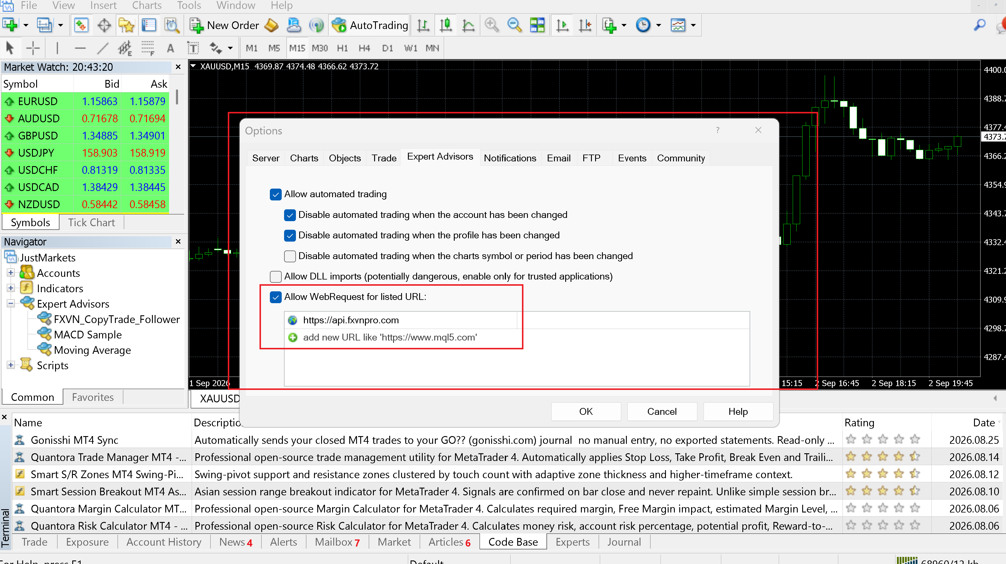 Enable automated trading and the required WebRequest URL
