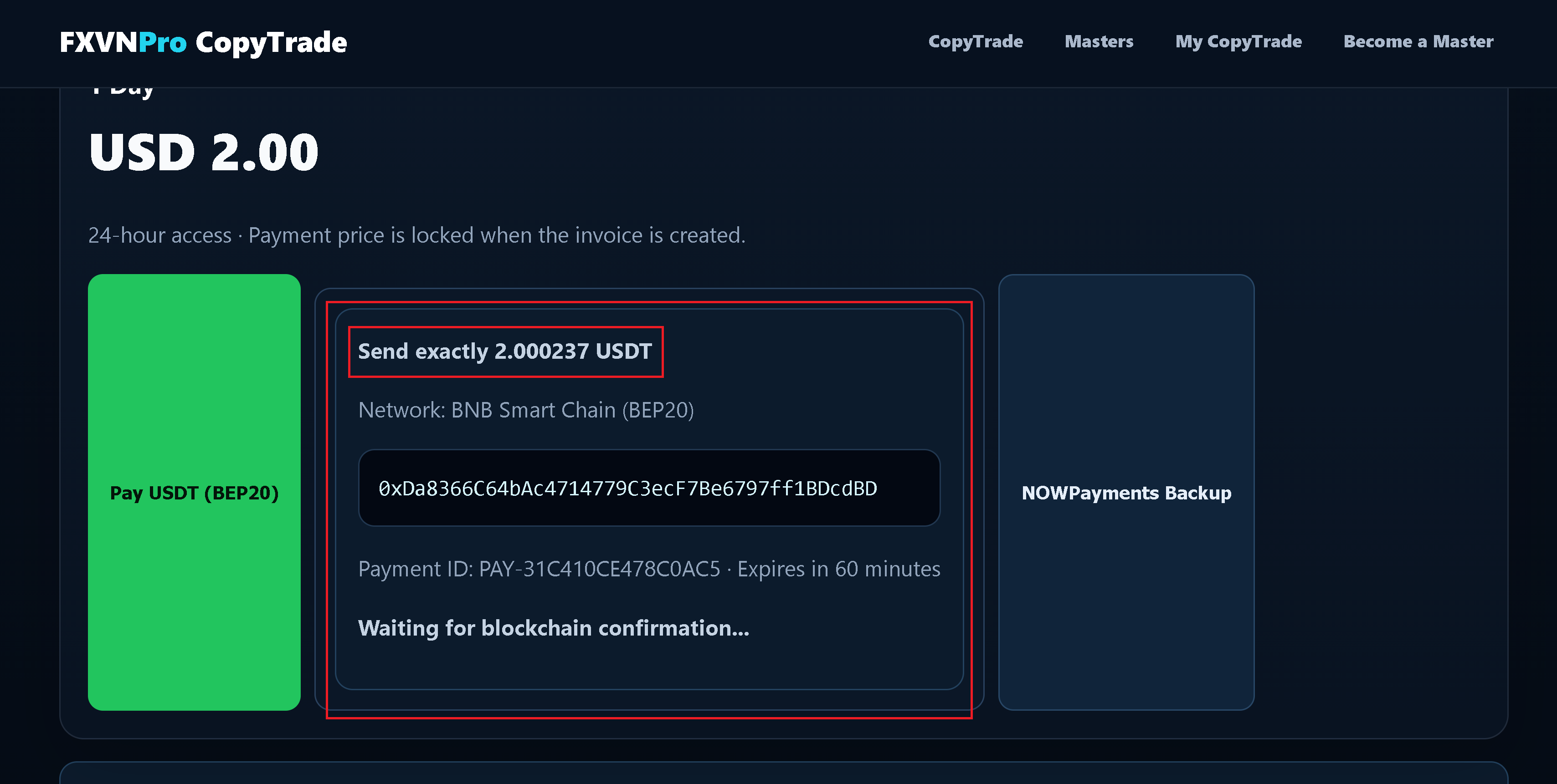 FXVN CopyTrade payment screen