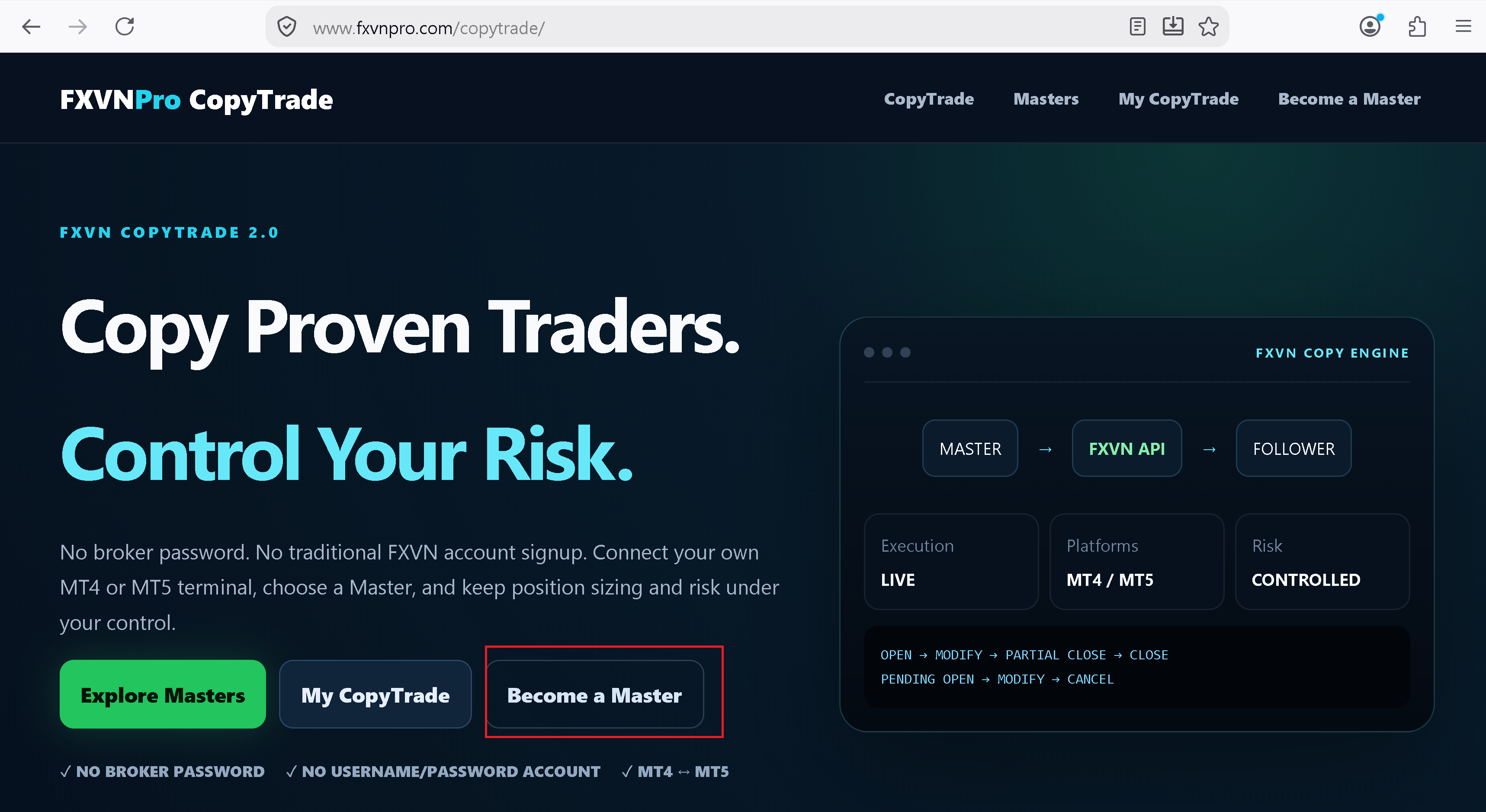 FXVN CopyTrade home screen and Become a Master entry point