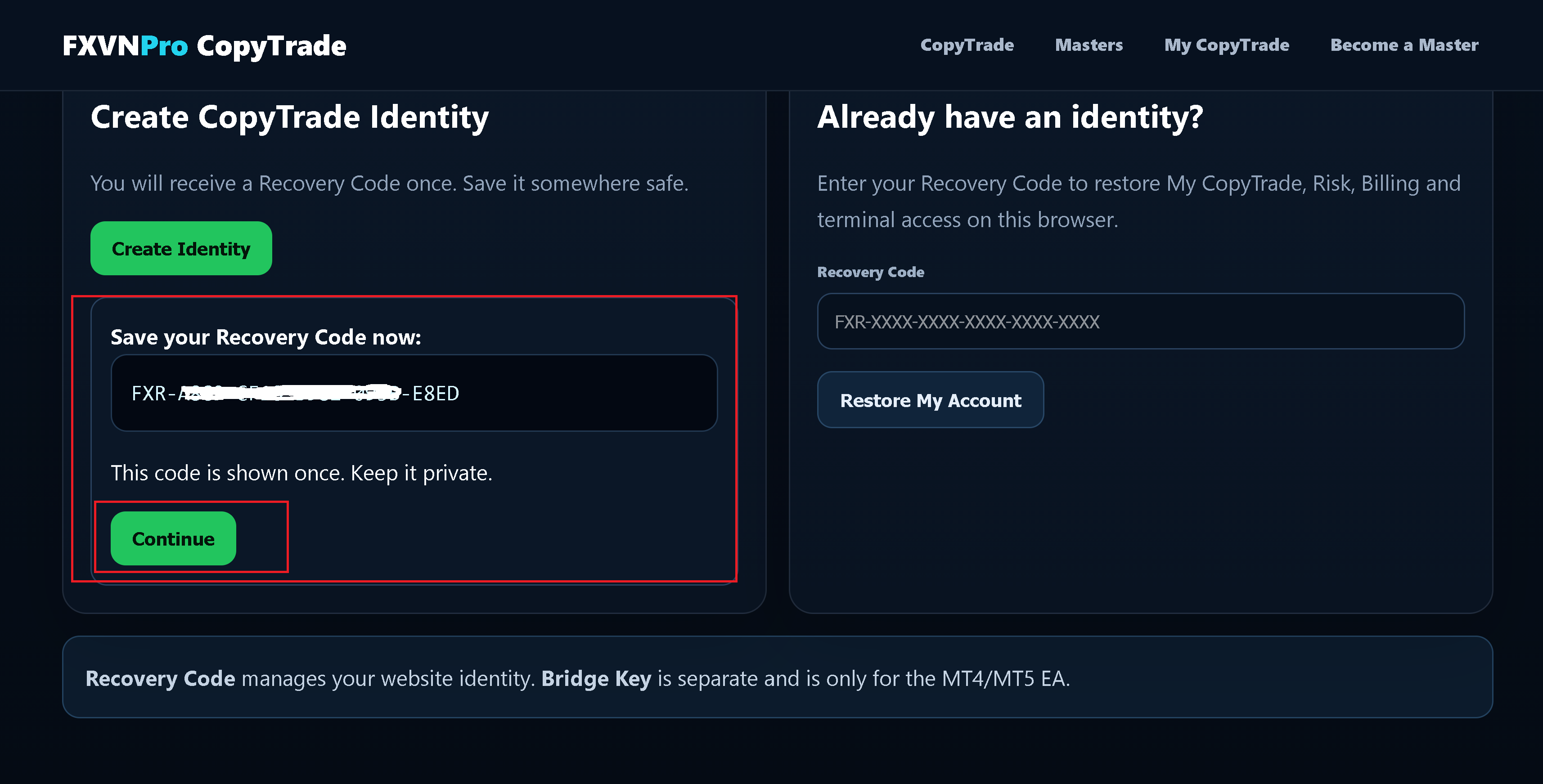 Save the one-time Recovery Code before continuing