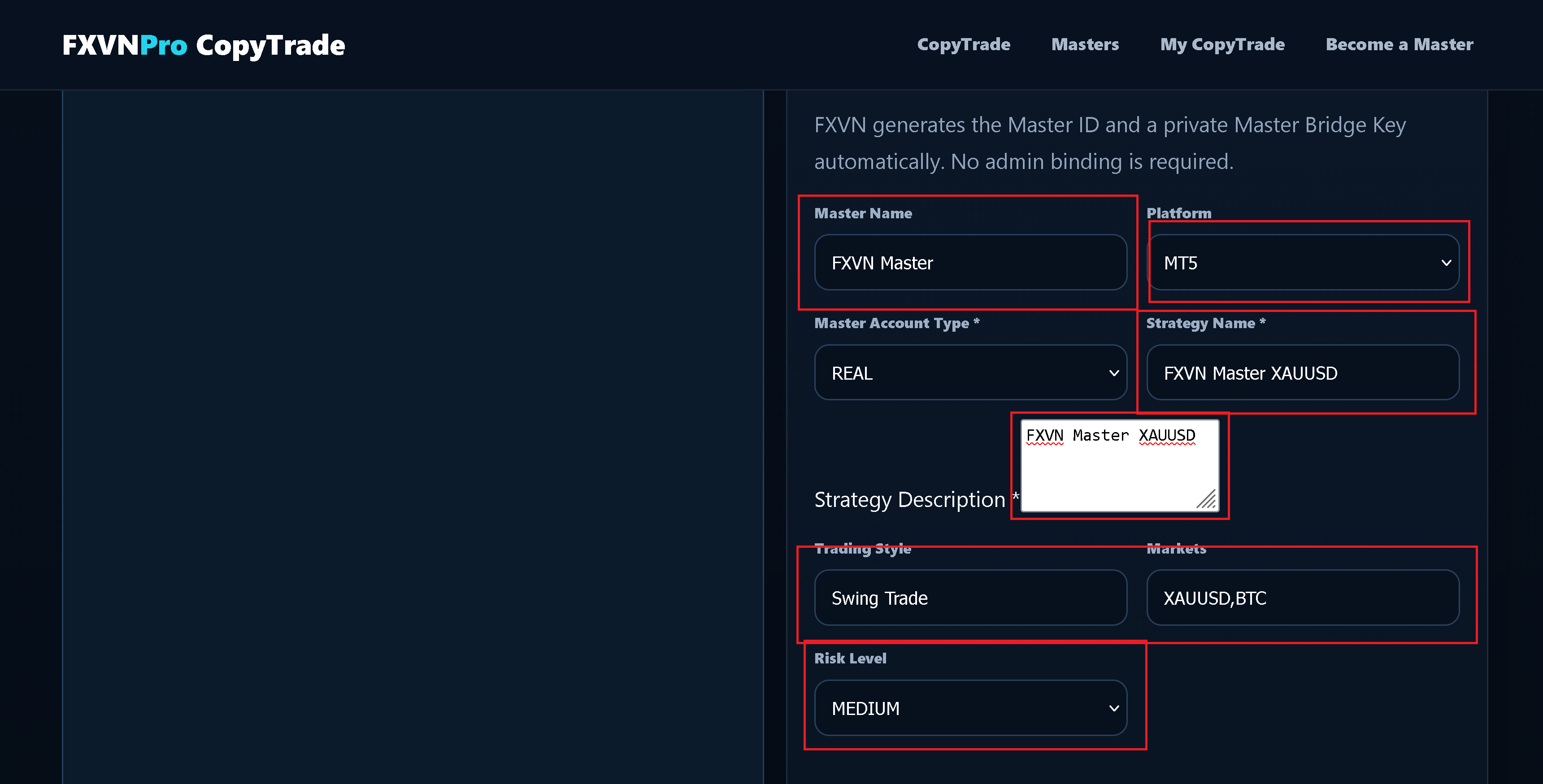 Complete the FXVN Master profile form