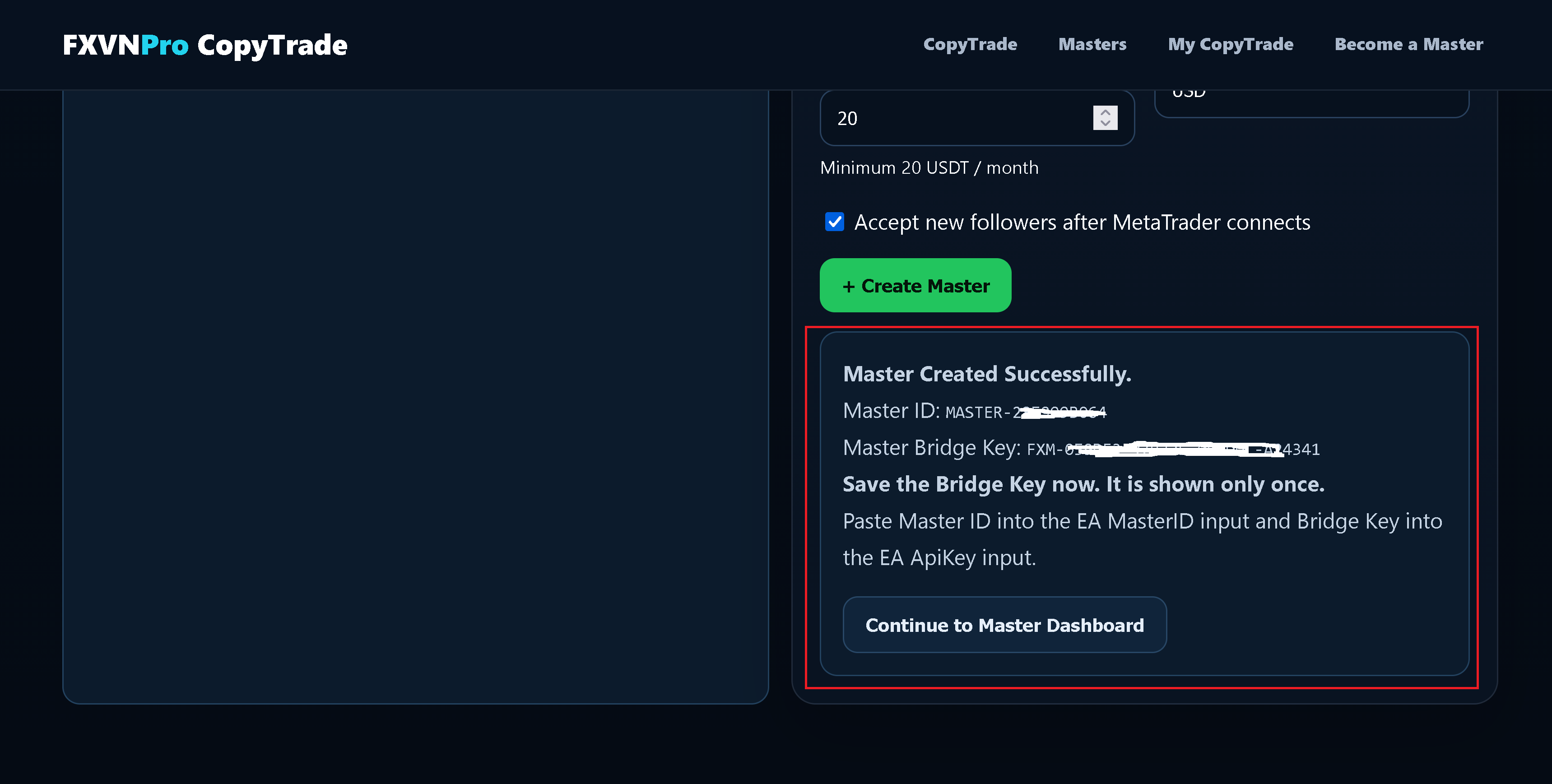 Create the Master and continue to the Master Dashboard