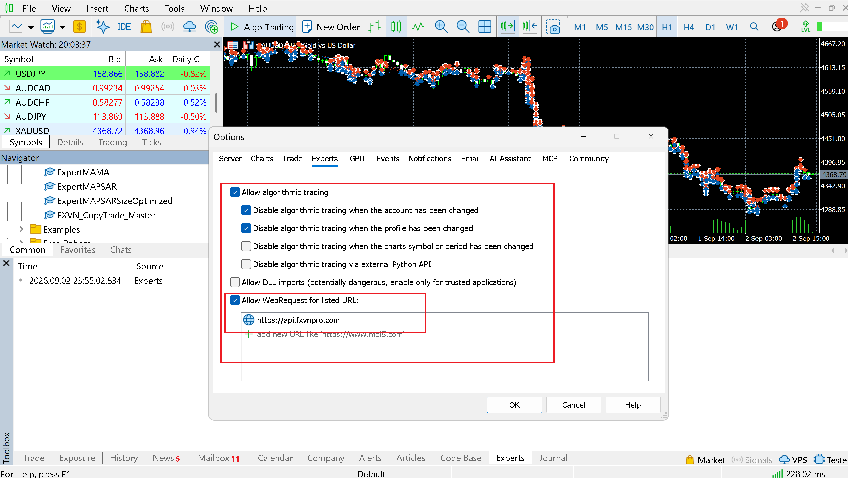 Allow automated trading and the required WebRequest URL