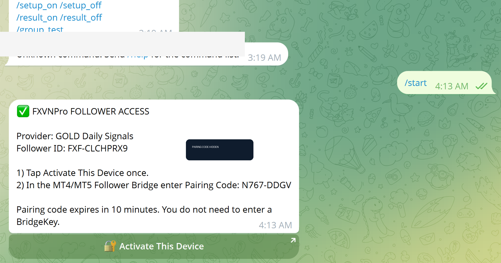FXVNPro follower access with pairing code redacted