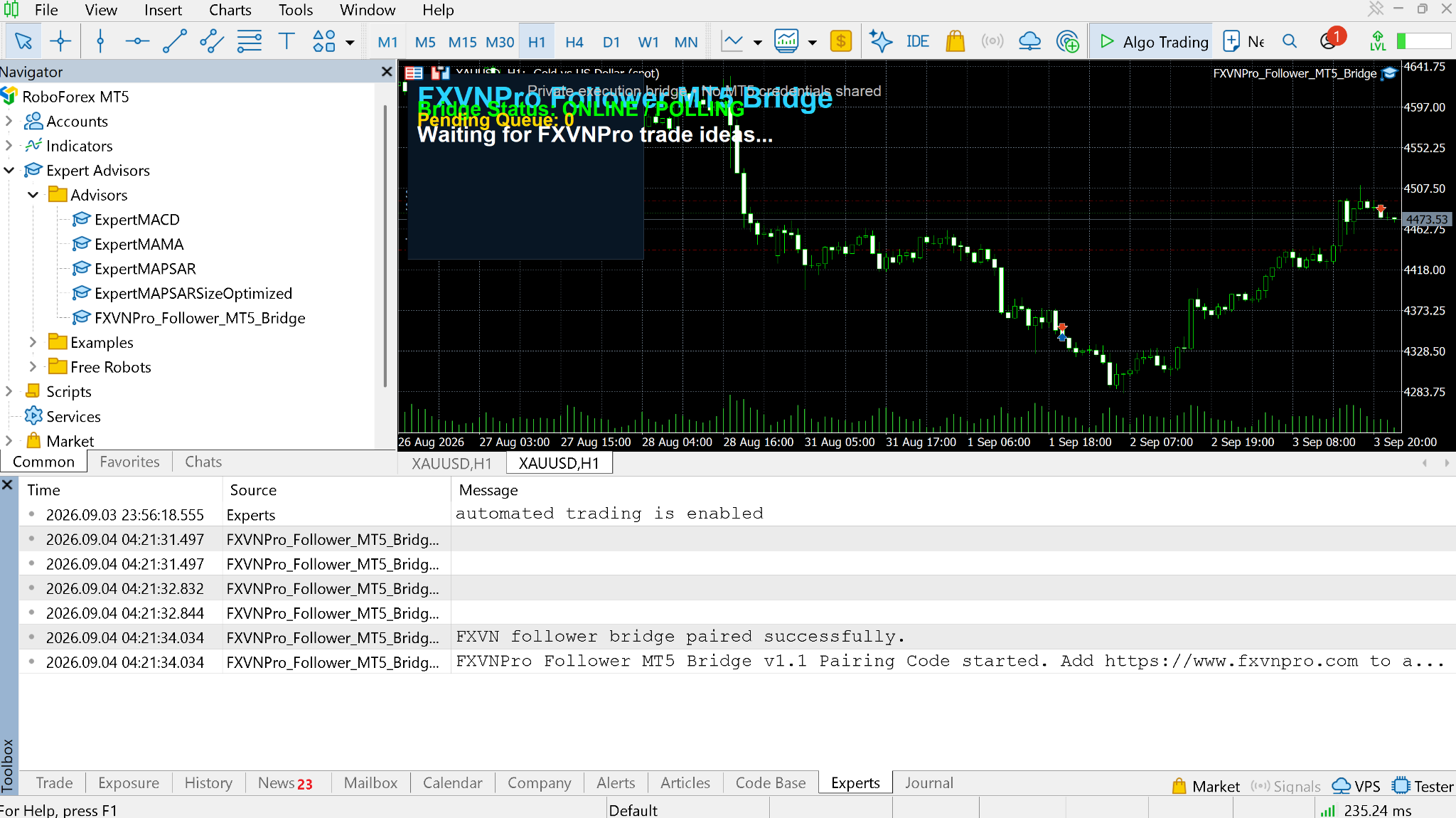 FXVNPro Follower MT5 Bridge online and polling