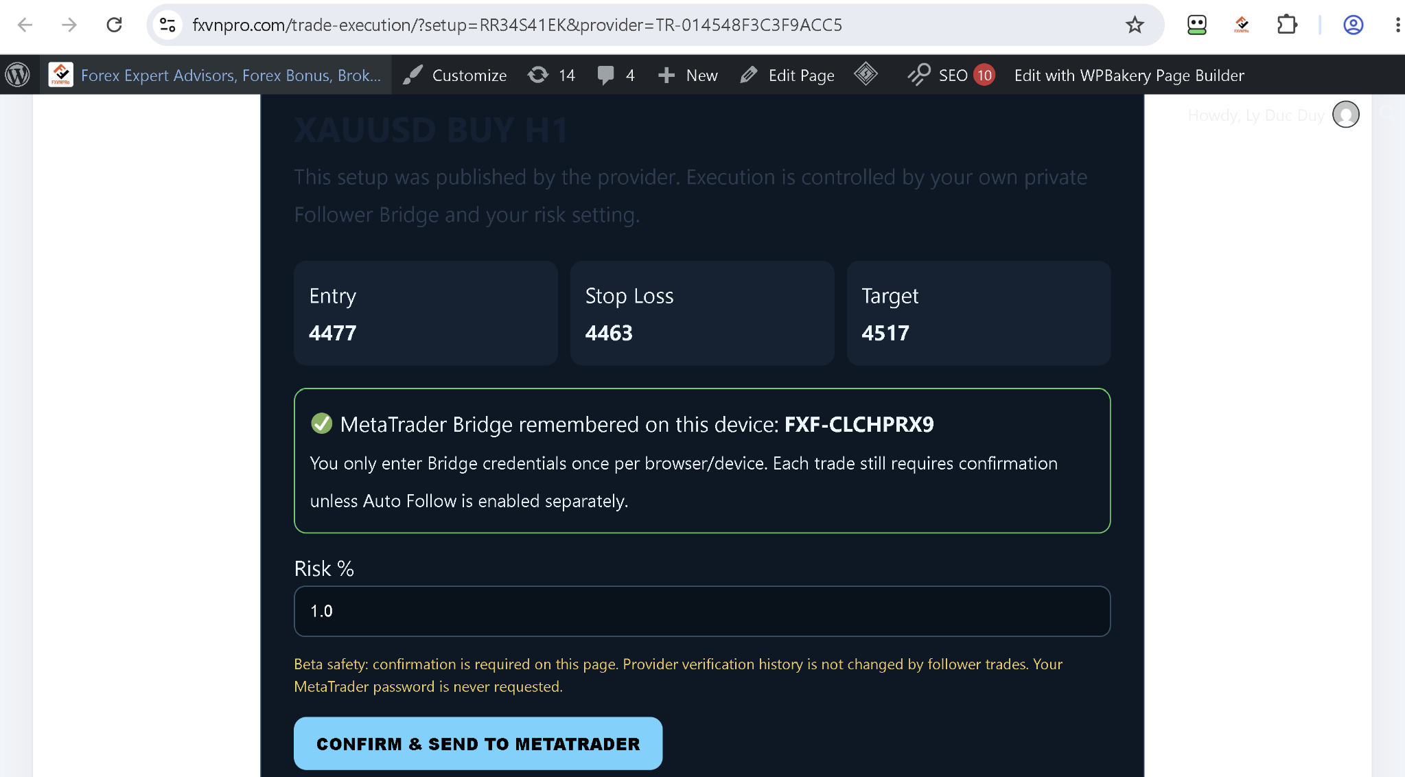 FXVNPro Smart Trade confirmation page